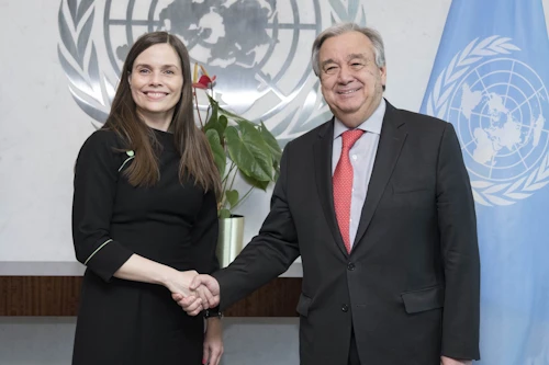 Katrín Jakobsdóttir forsætisráðherra og Antonío Guterres aðalframkvæmdastjóri Sameinuðu þjóðanna. Lósmynd: forsætisráðuneytið