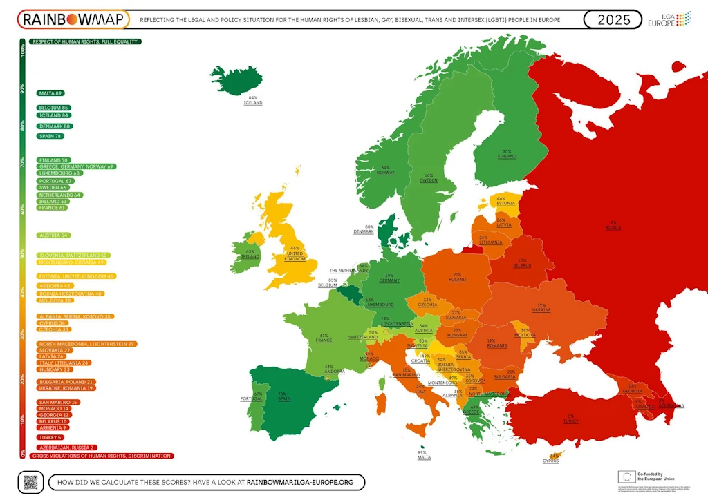 Ísland er í þriðja sæti á Regnbogakorti ILGA Europe, réttindasamtaka hinsegin fólks í Evrópu og Mið-Asíu